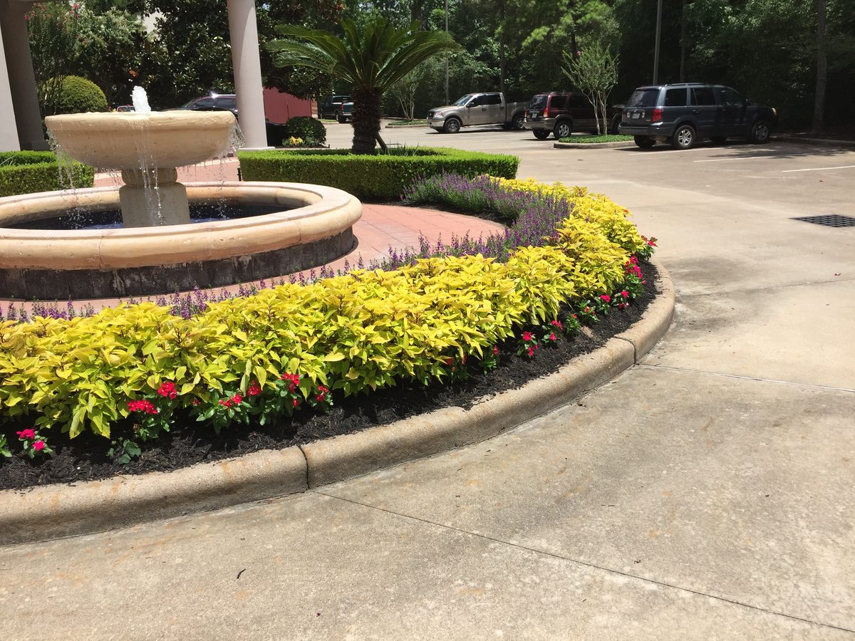 Commercial fountain roundabout with vibrant seasonal color bed by TruLeaf